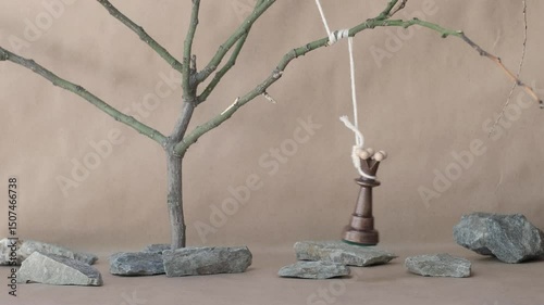 chess piece black queen hanging on noose among stones on beige background