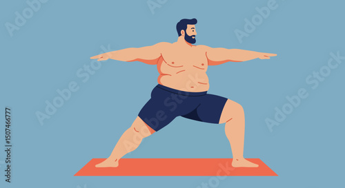Overweight man practicing yoga warrior pose on mat with blue background health and fitness concept 
