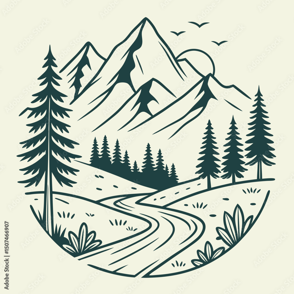 Fototapeta premium Flat icon of mountains and pine trees in a scenic outdoor natural setting