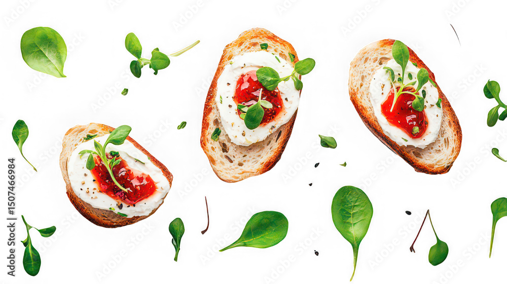 Naklejka premium Crostini, cream cheese, tomato, spinach, appetizer, fresh snack