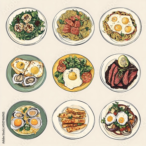 Hand-drawn illustrations of various food dishes on plates.