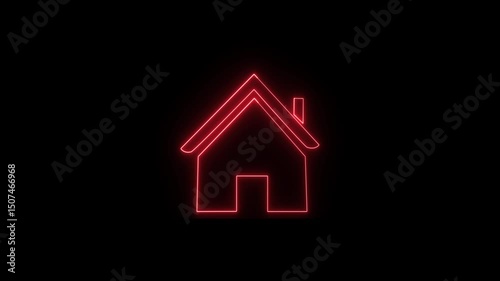Abstract red neon home icon with light blinking.