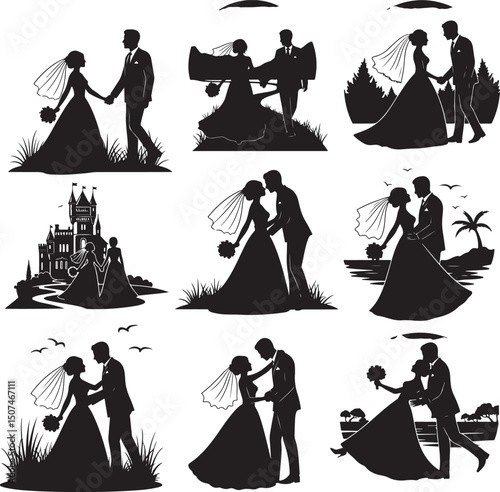 Bride and groom silhouette, lineart, clipart.