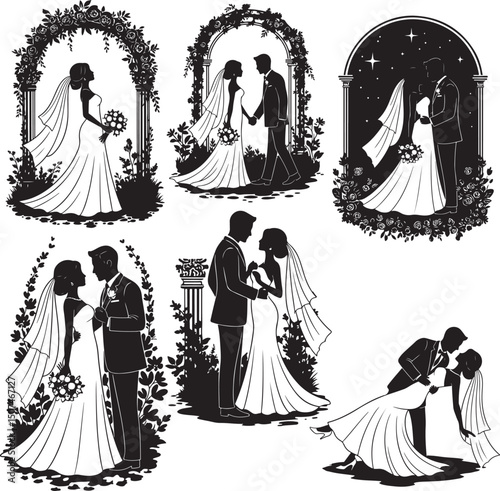 Bride and groom silhouette, lineart, clipart.