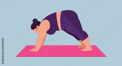 Woman practicing downward dog yoga pose on pink mat with blue background in flat vector style 