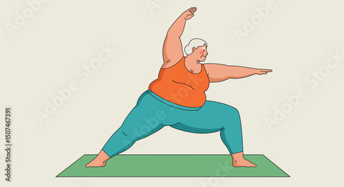 Plus Size Woman Practicing Yoga on Green Mat in Orange Top and Blue Pants for Wellness and Fitness 