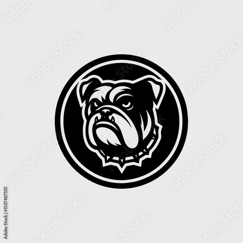Fierce bulldog mascot logo with surrounding stars. Black and white vector animal emblem