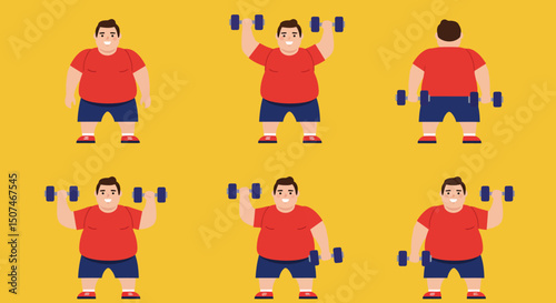 Overweight man exercising with dumbbells in various poses fitness lifestyle illustrations vector 