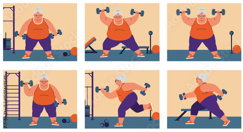 Overweight man exercising with dumbbells in gym fitness routine sequence vector illustration 