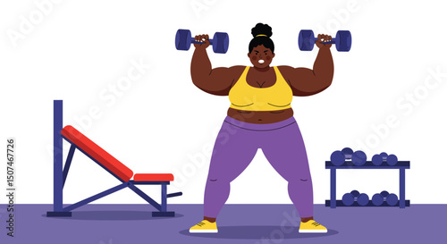 Strong plus size woman lifting dumbbells in gym fitness workout with bench and weights vector illustration 