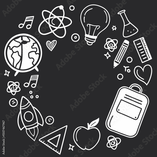 A digital illustration with a chalkboard-style background featuring white outlines of various school-related items, including a globe, atom, musical notes, lightbulb, beaker, ruler, pencil, stars.