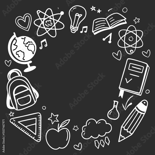 A chalkboard-style illustration features a circular arrangement of education-themed doodles, including a globe, backpack, books, lightbulb, pencil, apple, ruler, beaker, and atomic symbols, with heart
