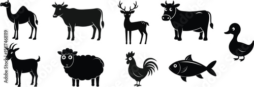 Silhouette of Halal Animals. Set vector designs. camel cattle cow goat duck fish rooster deer and sheep