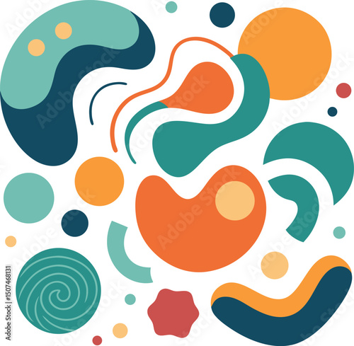 A playful and colorful abstract design featuring various organic shapes, including circles, ovals, and flowing lines, in a mix of teal, orange, peach, and navy blue hues.