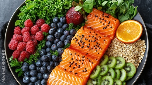 Delicious and Healthy Salmon Bowl with Berries, Kiwi, and Oats