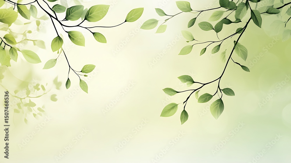 Delicate green leaves on branches against a pale background. Delicate green leaves on branches against a pale background.
