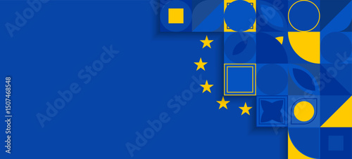 EU Europe Union flag  background, banner, wallpaper for text. Europe patriotic template golden stars and blue field with simple geometric shapes	
