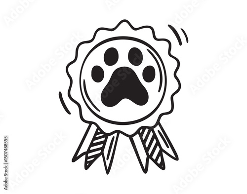 pet medal, cat or dog award with paw icon doodle hand drawn. Outline line drawing clipart symbol