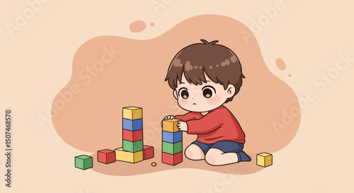 Toddler boy playing with colorful building blocks on floor in cozy room environment 