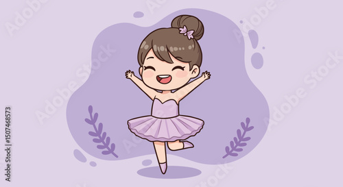 Cute little ballerina girl dancing in purple tutu dress with hair bun and flower hairpin vector illustration 
