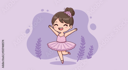 Cute little ballerina girl dancing in pink tutu ballet outfit with happy expression vector illustration 