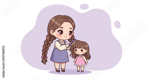 Older sister braiding little sister hair cute sibling moment in purple background vector illustration 