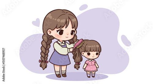 Young girl braiding little sisters hair in cute children illustration with soft purple background vector 