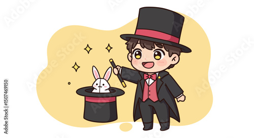 Cute magician character performing rabbit magic trick with top hat and wand illustration vector 