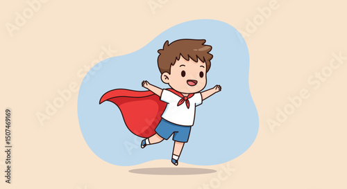 Boy Wearing Red Cape Pretending to Fly Playing Imaginative Child Superhero Costume Vector Illustration 