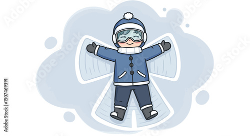 Child making snow angel wearing winter clothes and goggles in snowy weather outdoor playtime 