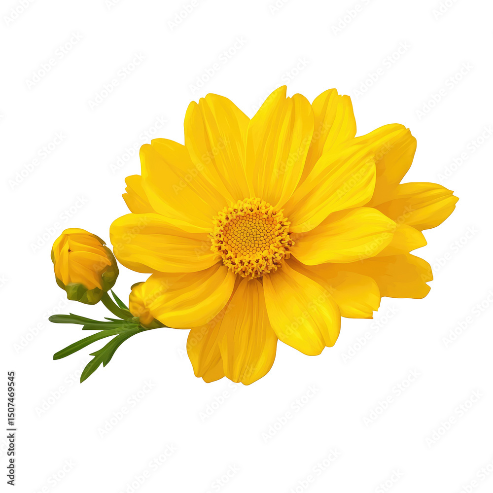 A close up of a bright yellow flower with a bud and green leaves on a black background isolated shot A close up of a bright yellow flower with a bud and green leaves on a black background isolated shot