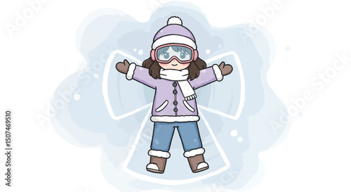Child making snow angel in winter clothes with jacket hat scarf and gloves outdoor activity in snow vector illustration 