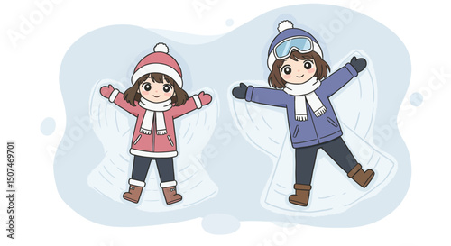 Two children making snow angels in winter clothes with hats and scarves outdoor fun activity vector illustration 