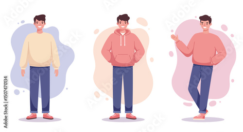 Young man casual poses in sweater and hoodie vector illustration with three different postures and relaxed attitude 