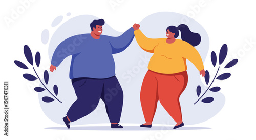 Happy couple dancing together in casual clothes with blue and orange outfits vector illustration 
