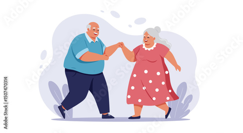 Elderly Couple Dancing Together in Casual Clothes Enjoying Leisure Activity in Outdoor Setting Vector Illustration 