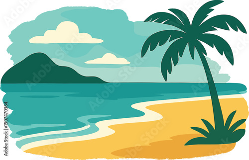 A daytime tropical beach is depicted in a vector illustration with a hand-painted watercolor background