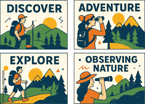 A set of vector brochure cards centered around the travel concept of exploring and discovering nature through hiking and adventure tourism, presented in a flat design template suitable for flyers