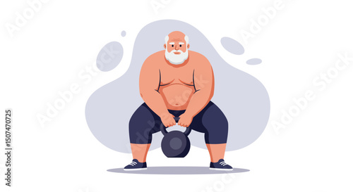 Elderly man lifting kettlebell strength training exercise for senior fitness and health vector illustration 