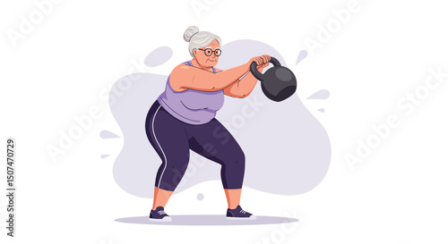 Senior woman exercising with kettlebell in activewear for fitness and strength training vector illustration 