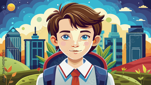 Smiling schoolboy with backpack in uniform standing outdoors with cityscape and colorful nature in the background
