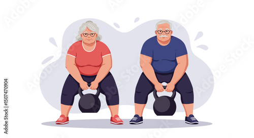Elderly Couple Exercising with Kettlebells Indoor Fitness Workout for Seniors Health and Wellness 
