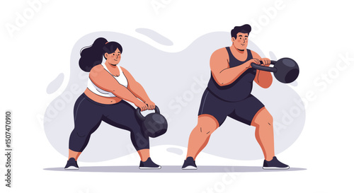 Man and Woman Exercising with Kettlebells in Fitness Workout Training for Strength and Endurance 