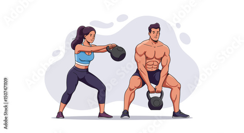 Fitness couple exercising with kettlebells in active workout session for health and strength building training 
