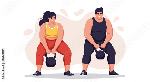 Man and woman exercising with kettlebells in gym workout fitness training session vector illustration 