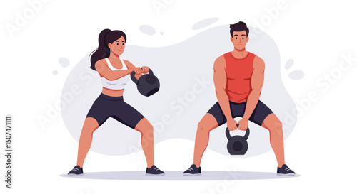 Man and woman exercising with kettlebells for fitness and strength training workout vector illustration 