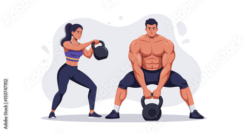 Muscular man and woman exercising with kettlebells in fitness training workout session vector illustration 