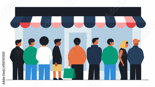 Crowded Storefront A busy storefront scene with a line of eager customers waiting outside all looking at a massive banner declaring Unbeatable Black Friday Specials.