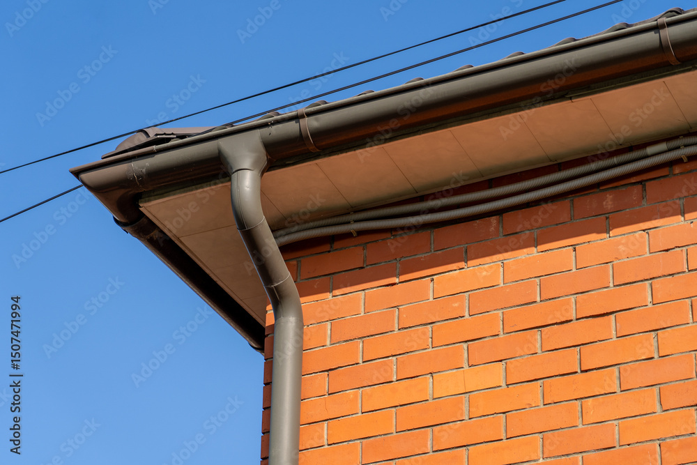 Building Exterior: Wall and Gutter System under a clear blue sky Building Exterior: Wall and Gutter System under a clear blue sky