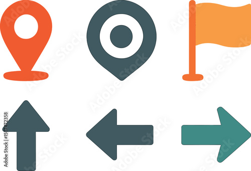 Vector representation of a pin map marker pointer icon, GPS location flat symbol, arrows, and flag signs
